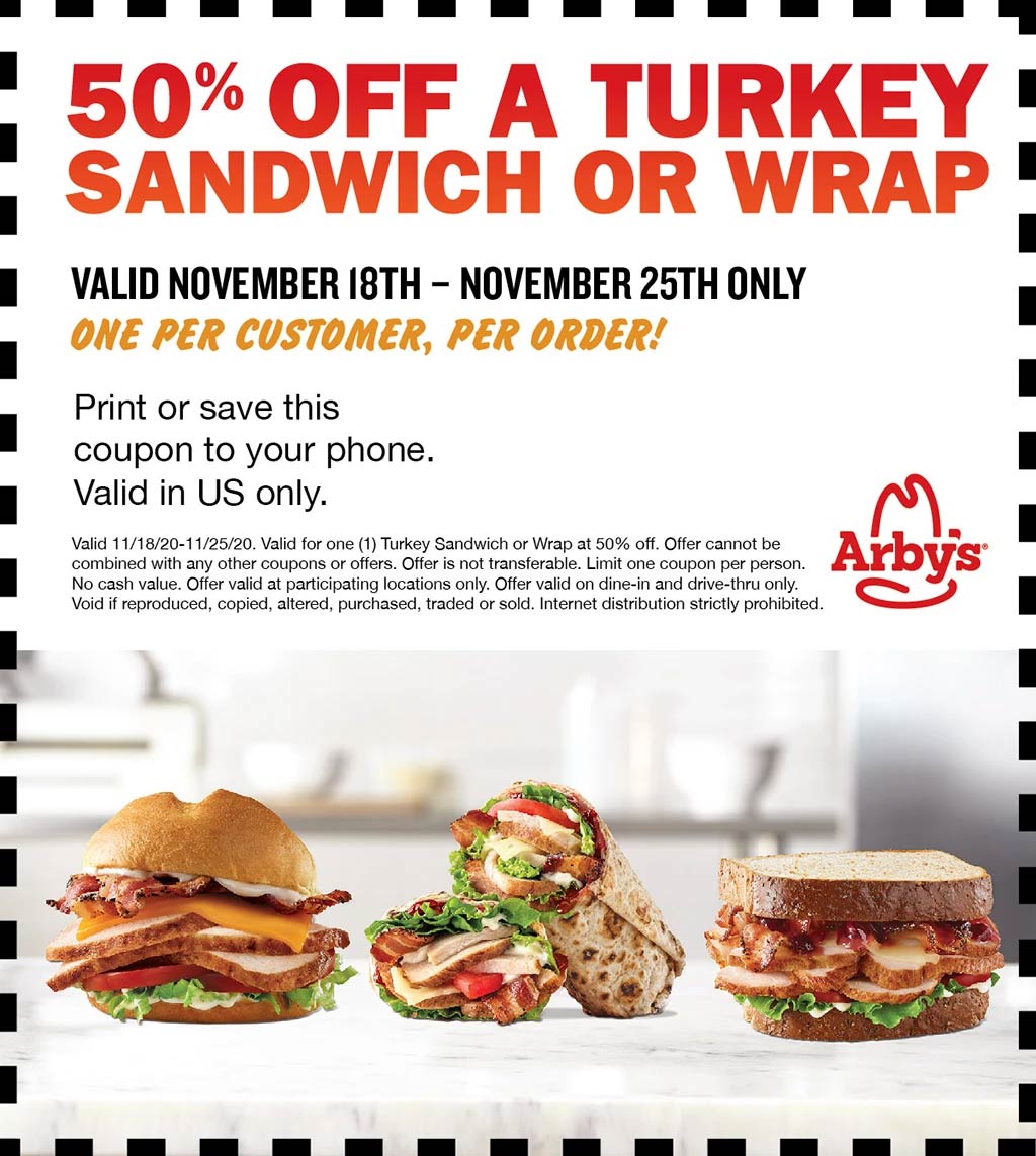 Arbys restaurants Coupon  50% off turkey sandwich 18-25th at Arbys #arbys 