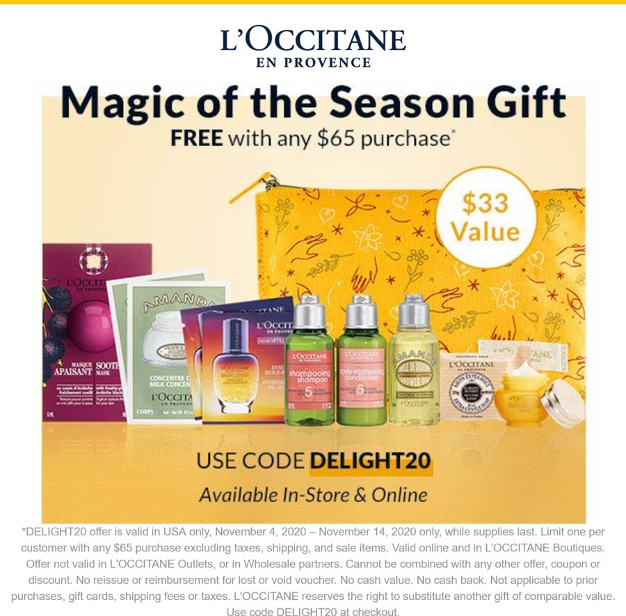 LOccitane stores Coupon  12pc $33 kit free with $65 spent at LOccitane, or online via promo code DELIGHT20 #loccitane 