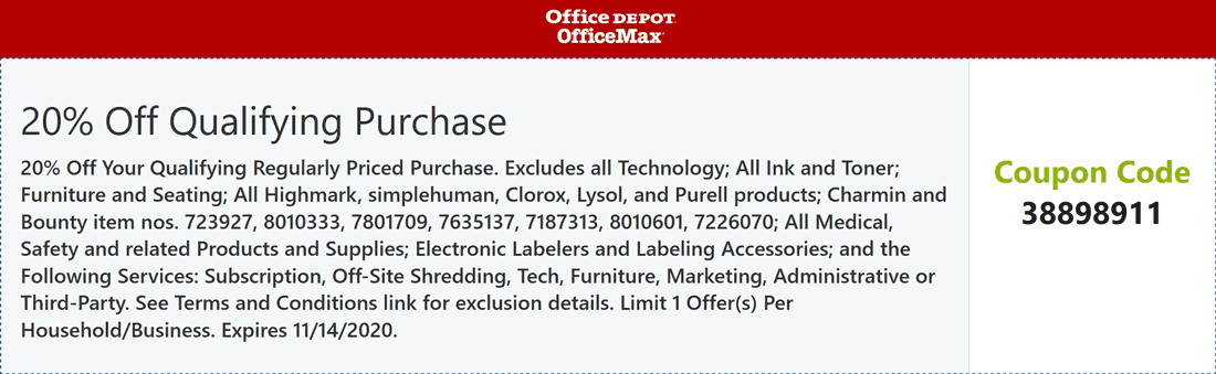 Office Depot OfficeMax stores Coupon  20% off at Office Depot OfficeMax via promo code 38898911 #officedepotofficemax 