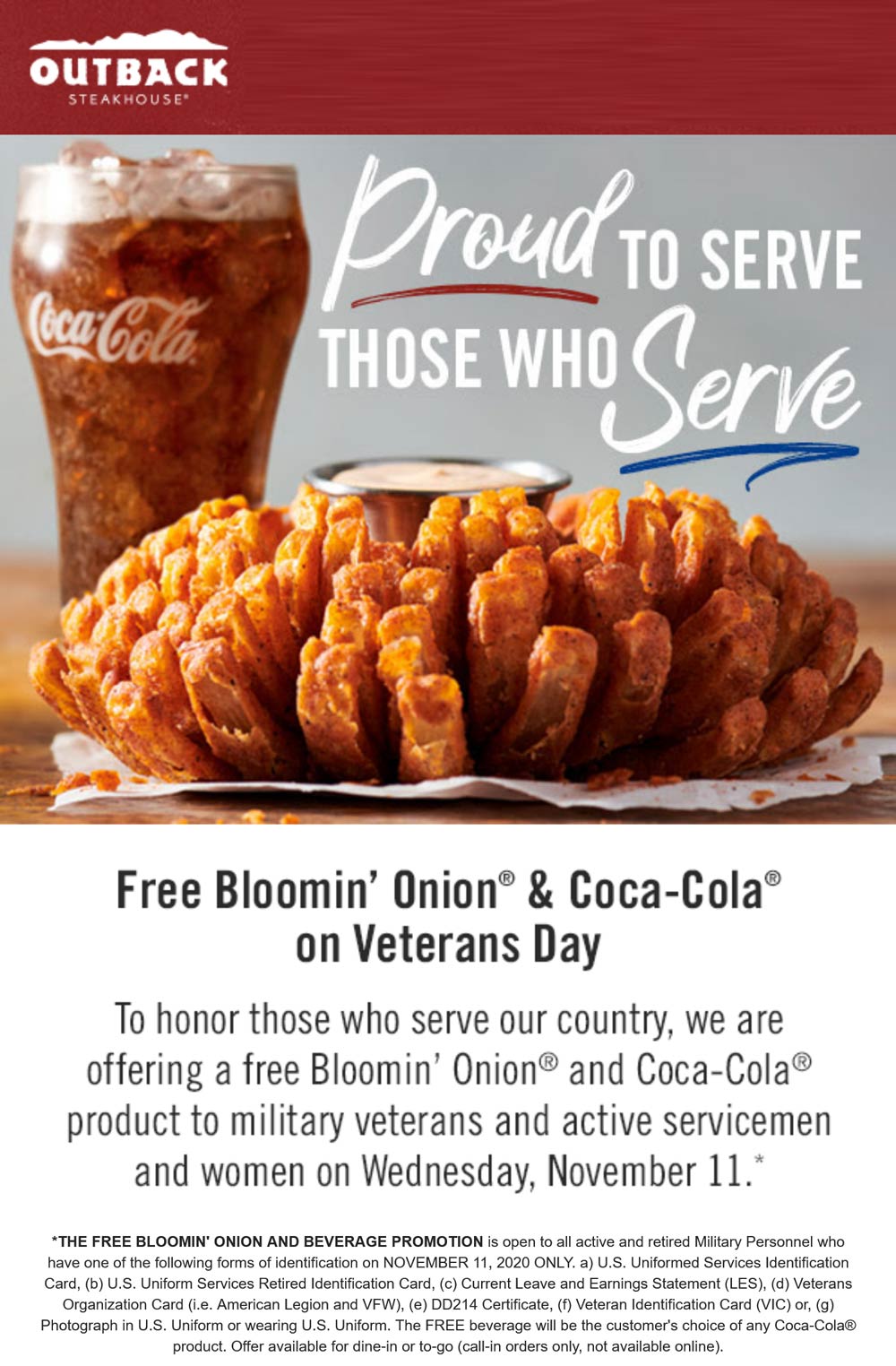 Outback Steakhouse restaurants Coupon  Military and veterans enjoy a free bloomin onion & drink Wednesday at Outback Steakhouse #outbacksteakhouse 