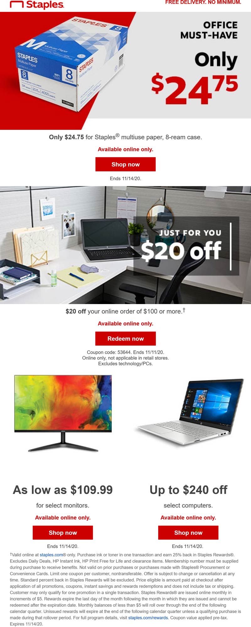 Staples stores Coupon  $20 off $100 online at Staples via promo code 53644 #staples 