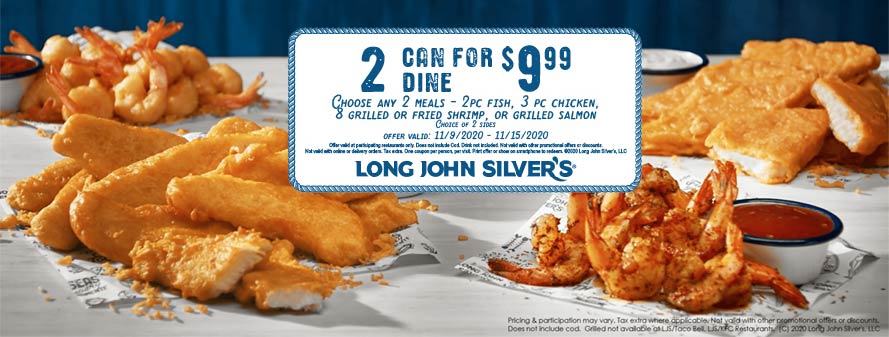 Long John Silvers restaurants Coupon  Any 2 fish chicken shrimp or salmon meals + any 2 sides = $10 at Long John Silvers seafood restaurants #longjohnsilvers 