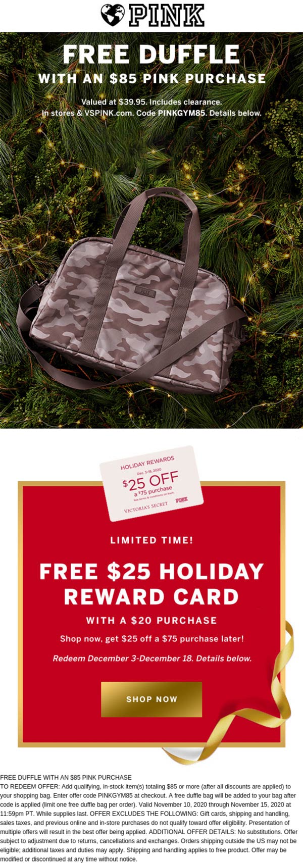 PINK stores Coupon  Free duffle bag with $85 spent at PINK, or online via promo code PINKGYM85 #pink 