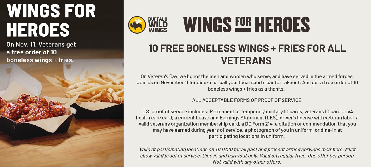 Buffalo Wild Wings restaurants Coupon  Veterans score 10 free boneless wings + fries today at Buffalo Wild Wings restaurants #buffalowildwings 