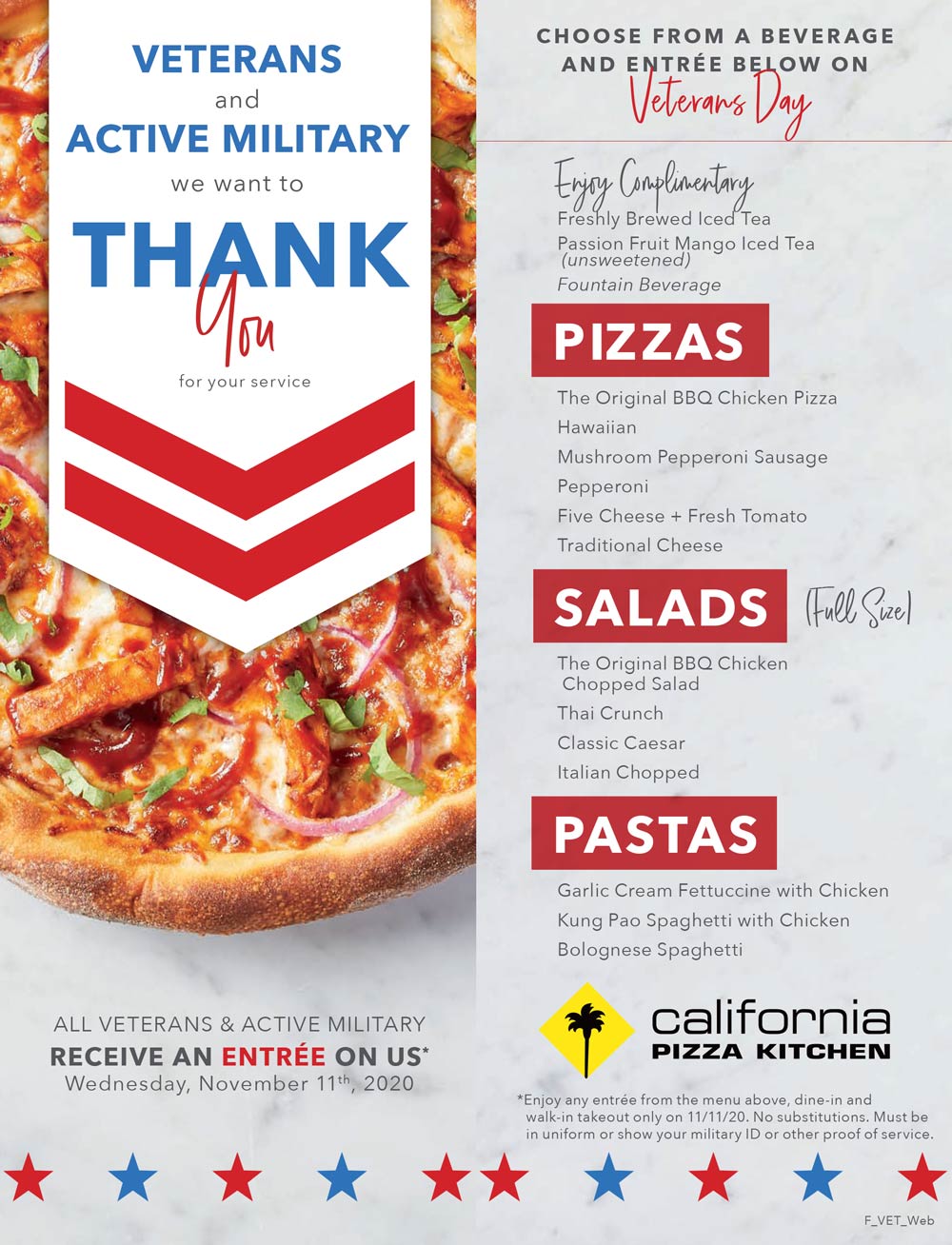 Free meal for veterans and military today at CPK California Pizza