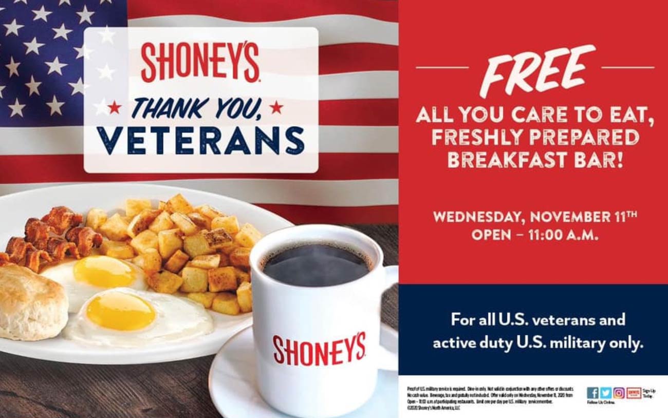 Free bottomless breakfast til 11a for veterans & military today at