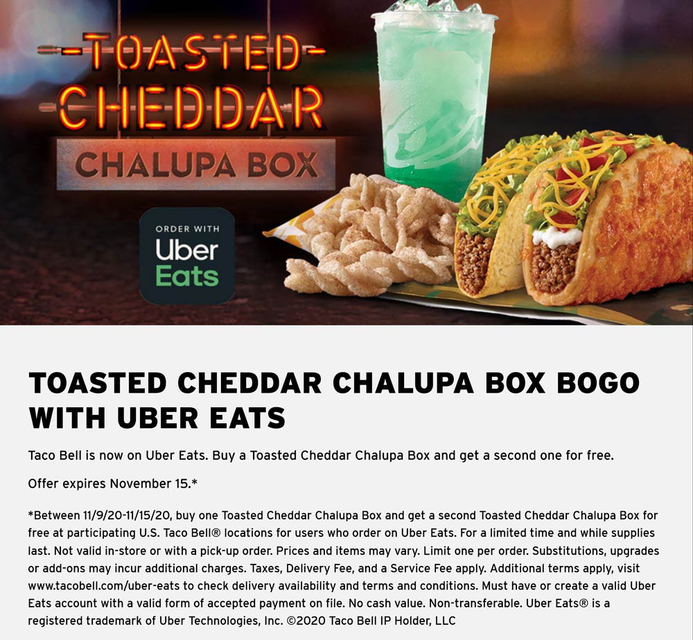 Taco Bell restaurants Coupon  Second toasted cheddar chalupa box free via delivery at Taco Bell #tacobell 