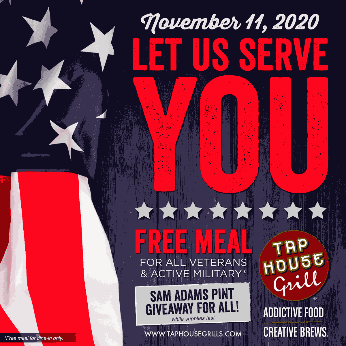 Tap House Grill restaurants Coupon  Free pint for everyone + free meal for military today at Tap House Grill #taphousegrill 