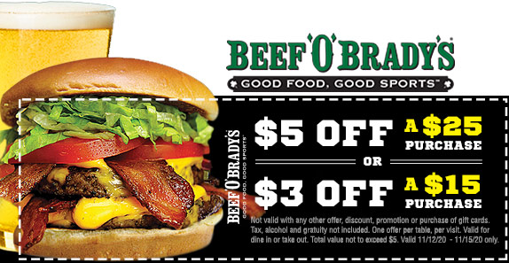 Beef OBradys restaurants Coupon  $3-$5 off $15+ at Beef OBradys restaurants #beefobradys 