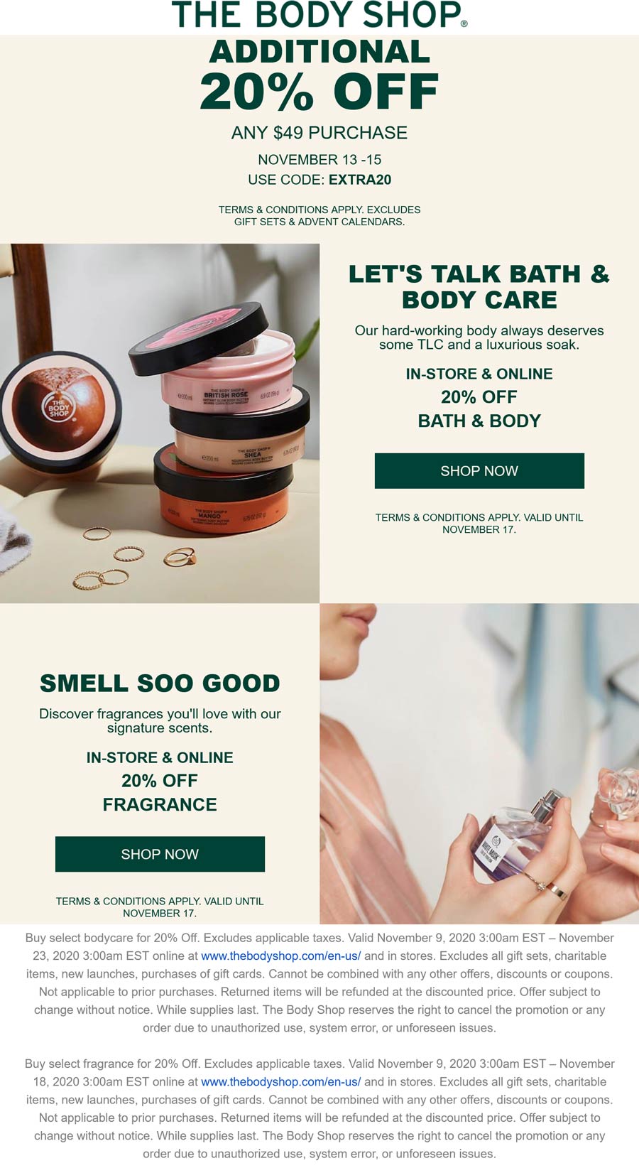 The Body Shop stores Coupon  20% off $49 online at The Body Shop via promo code EXTRA20 #thebodyshop 