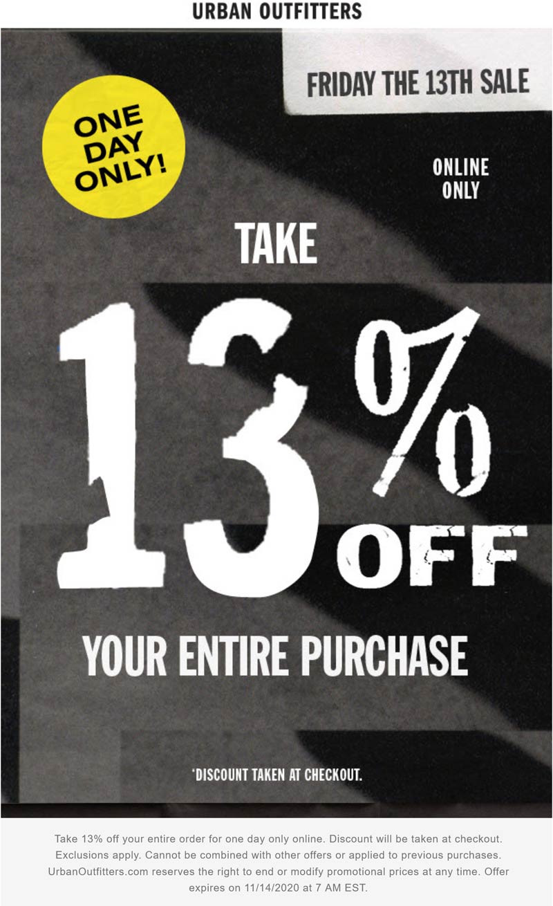 Urban Outfitters stores Coupon  13% off everything today online at Urban Outfitters #urbanoutfitters 