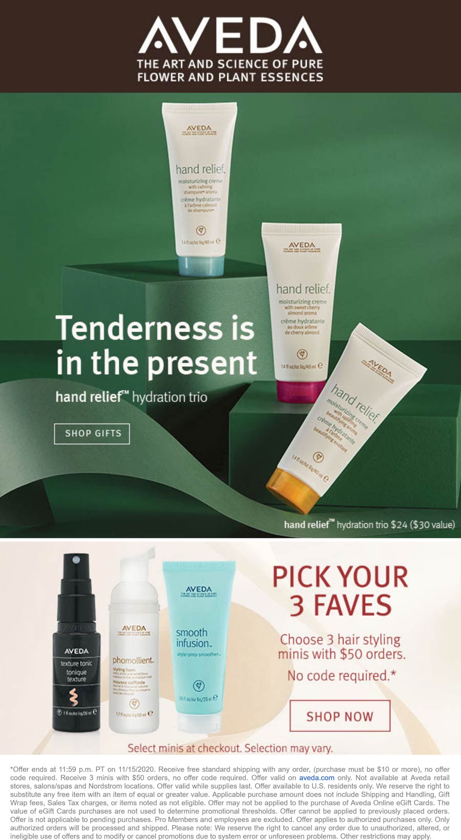 AVEDA stores Coupon  3 free hair styling minis with $50 spent at AVEDA #aveda 