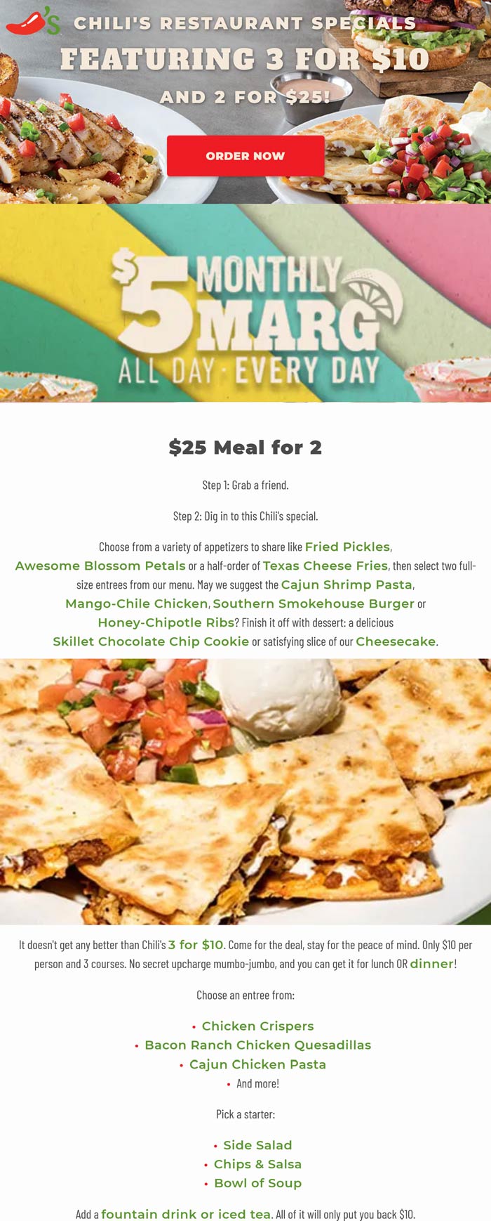 Chilis restaurants Coupon  Appetizer + 2 entrees + dessert = $25 and 3 for $10 at Chilis #chilis 