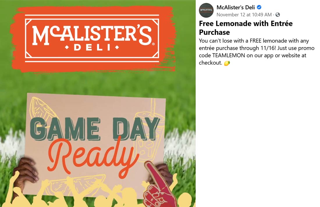 Free lemonade with your entree at McAlisters Deli via promo code