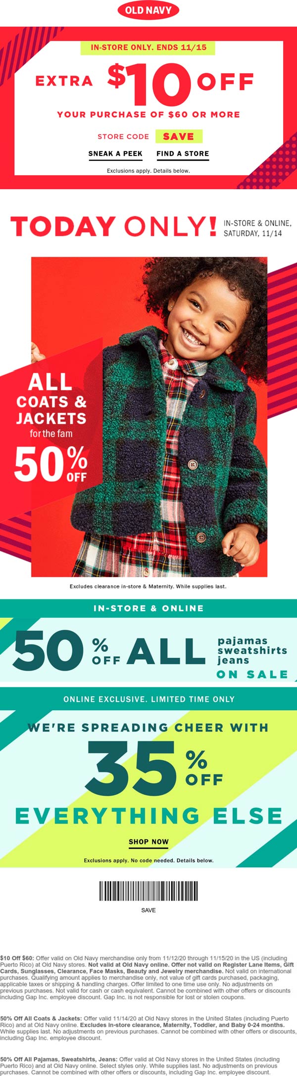 Old Navy stores Coupon  $10 off $60 & more at Old Navy, or 35% off everything online #oldnavy 