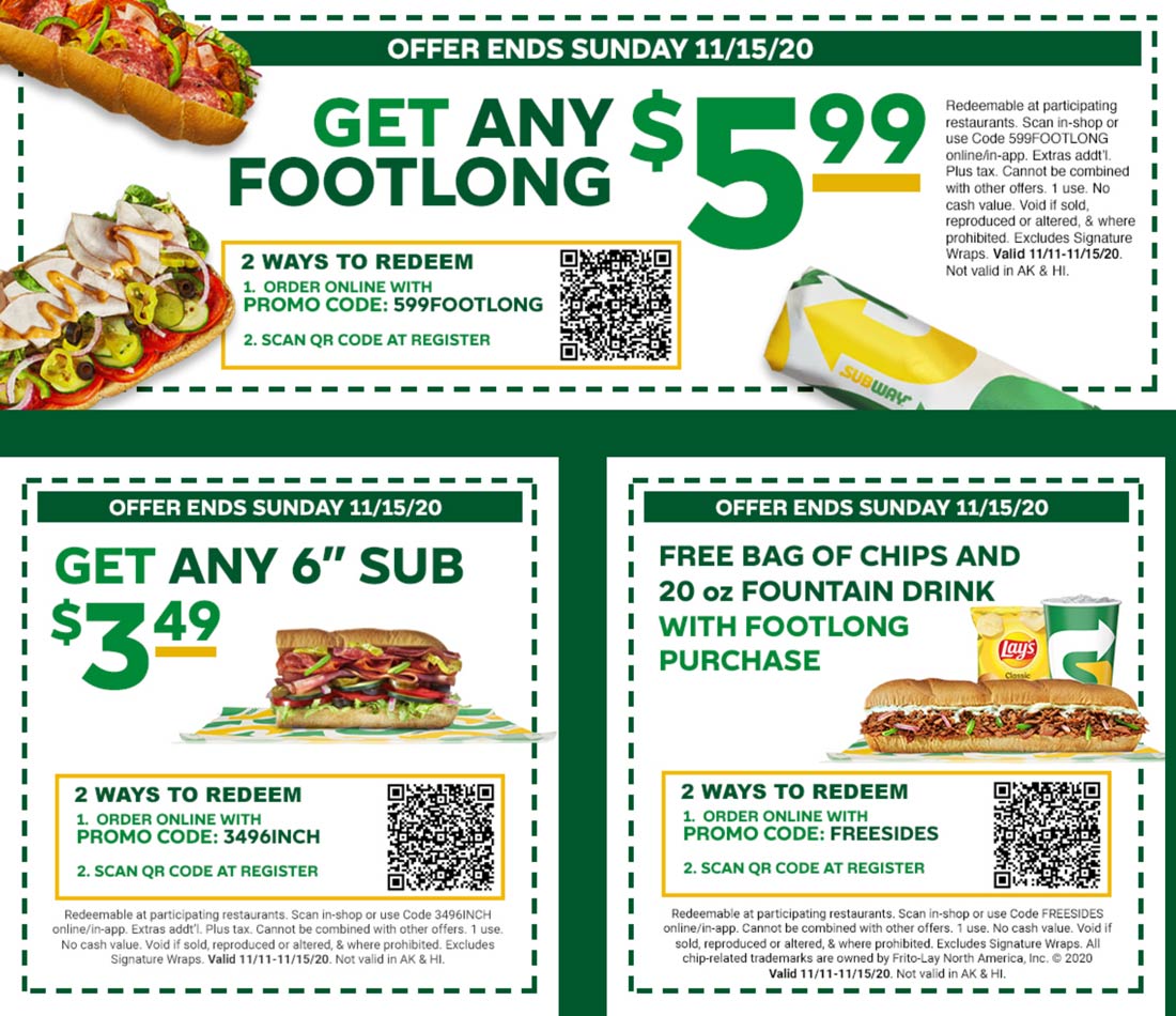 Subway restaurants Coupon  Free chips and drink with your footlong sandwich & more at Subway #subway 