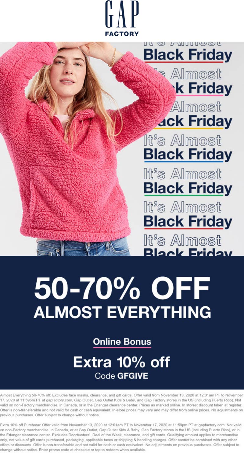 Gap Factory stores Coupon  50-70% off everything at Gap Factory, or 60-80% online via promo code GFGIVE #gapfactory 