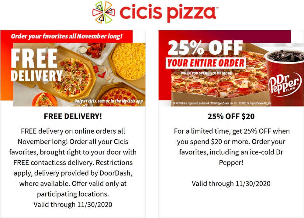 25 off 20 + free delivery at Cicis Pizza cicispizza The Coupons App®