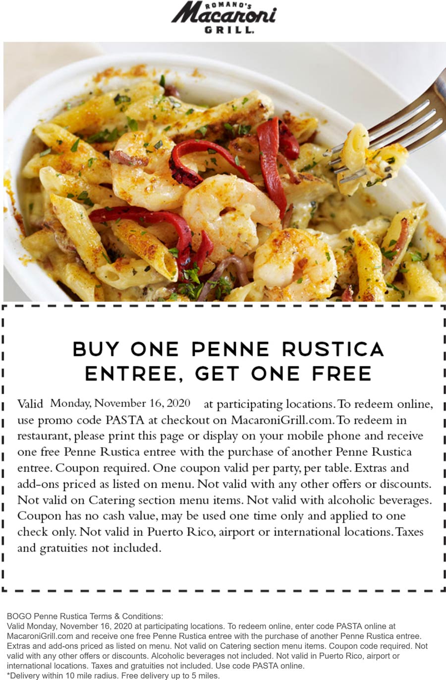 Macaroni Grill restaurants Coupon  Second penne rustica entree free today at Romanos Macaroni Grill #macaronigrill 