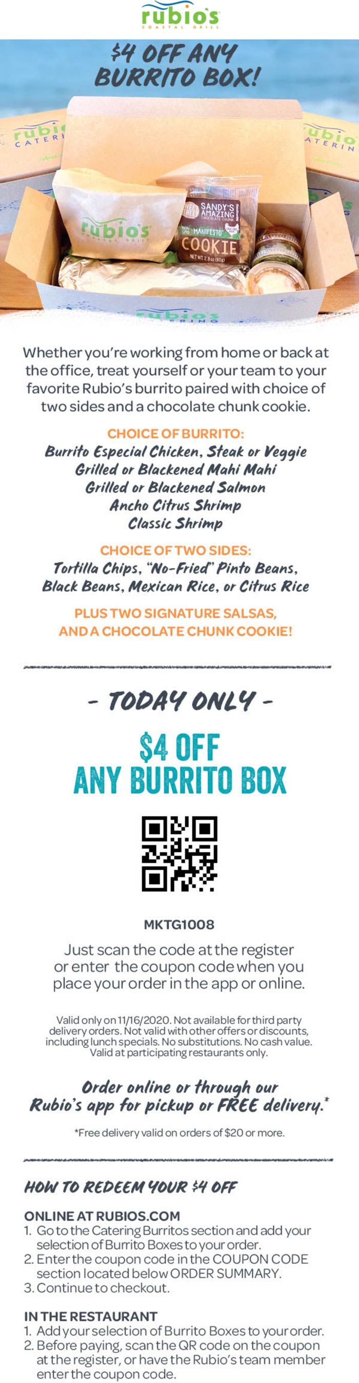 Rubios restaurants Coupon  $4 off a burrito box today at Rubios Coastal Grill #rubios 