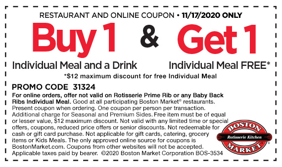 Boston Market restaurants Coupon  Second meal free today at Boston Market #bostonmarket 