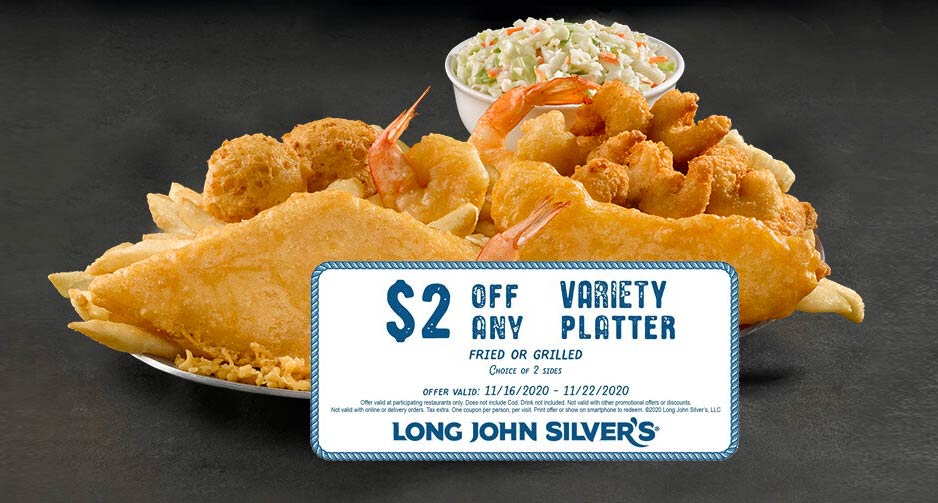 Long John Silvers restaurants Coupon  $2 off any variety platter at Long John Silvers seafood restaurants #longjohnsilvers 