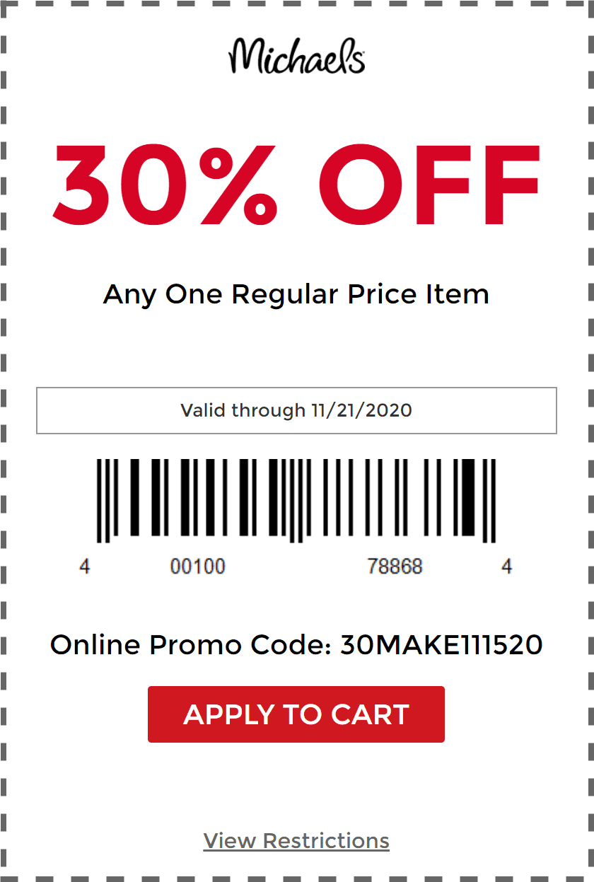 Michaels stores Coupon  30% off a single item at Michaels, or online via promo code 30MAKE111520 #michaels 