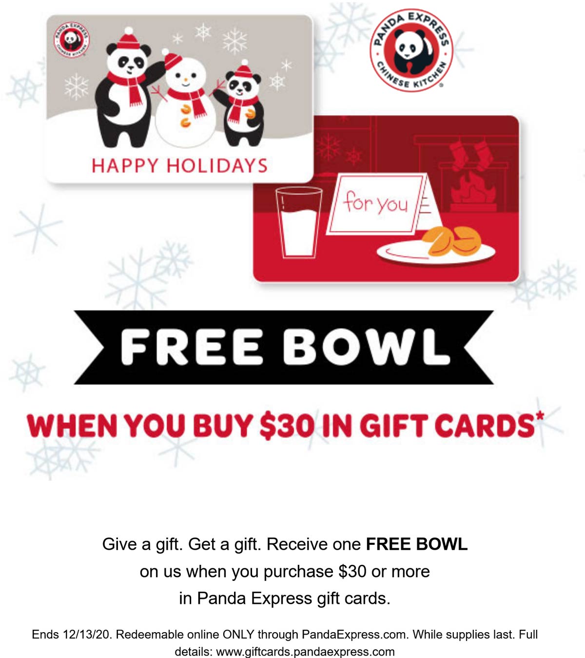 Free bowl with your 30 gift card at Panda Express restaurants pandaexpress The Coupons App®