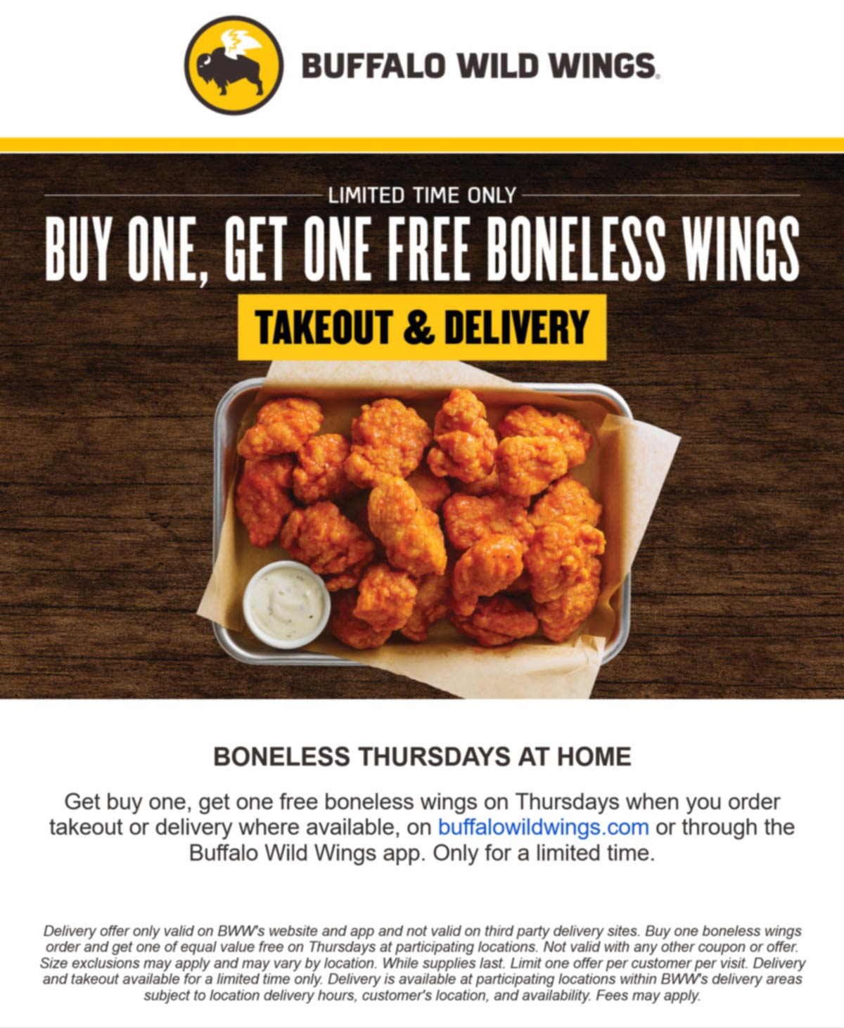 [May, 2021] Second boneless chicken wings free today at Buffalo Wild