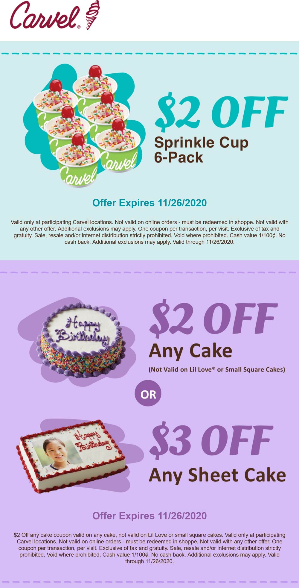 Carvel restaurants Coupon  Couple bucks off cakes and sprinkle cups at Carvel ice cream #carvel 