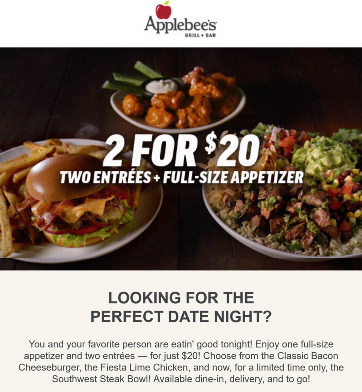 Applebees restaurants Coupon  2 entrees + appetizer = $20 at Applebees #applebees 