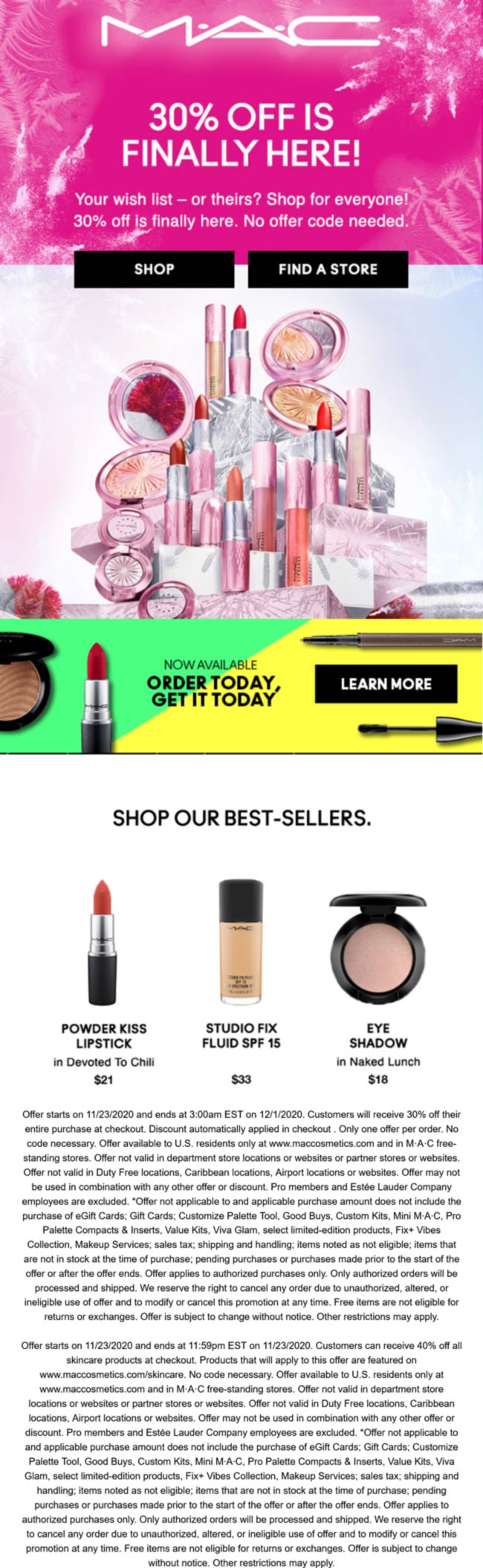 MAC stores Coupon  30% off at MAC cosmetics, ditto online #mac 