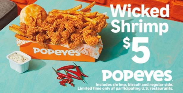 Popeyes restaurants Coupon  Wicked shrimp + side + biscuit = $5 at Popeyes restaurants #popeyes 