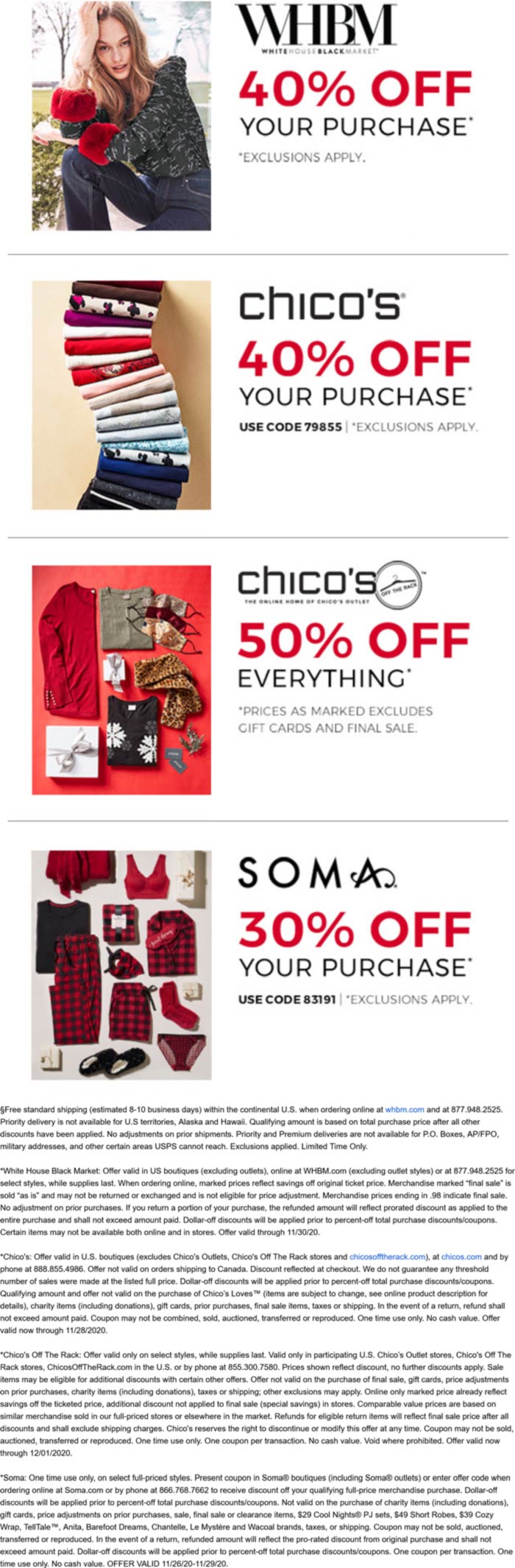 Chicos stores Coupon  30% off Soma via promo 83191, 40% off at WHBM & Chicos via 79855, 50% off Chicos Outlet locations & online #chicos 