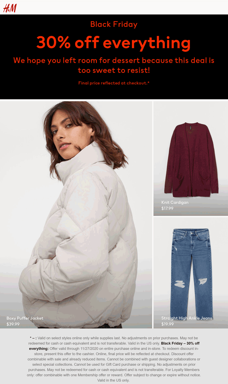 H&M stores Coupon  30% off everything at H&M, ditto online #hm 