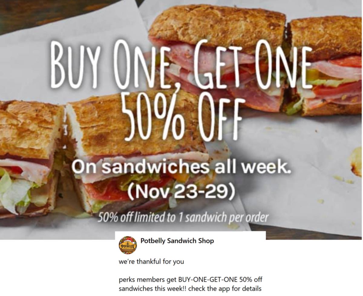Potbelly restaurants Coupon  Second sandwich 50% off at Potbelly #potbelly 