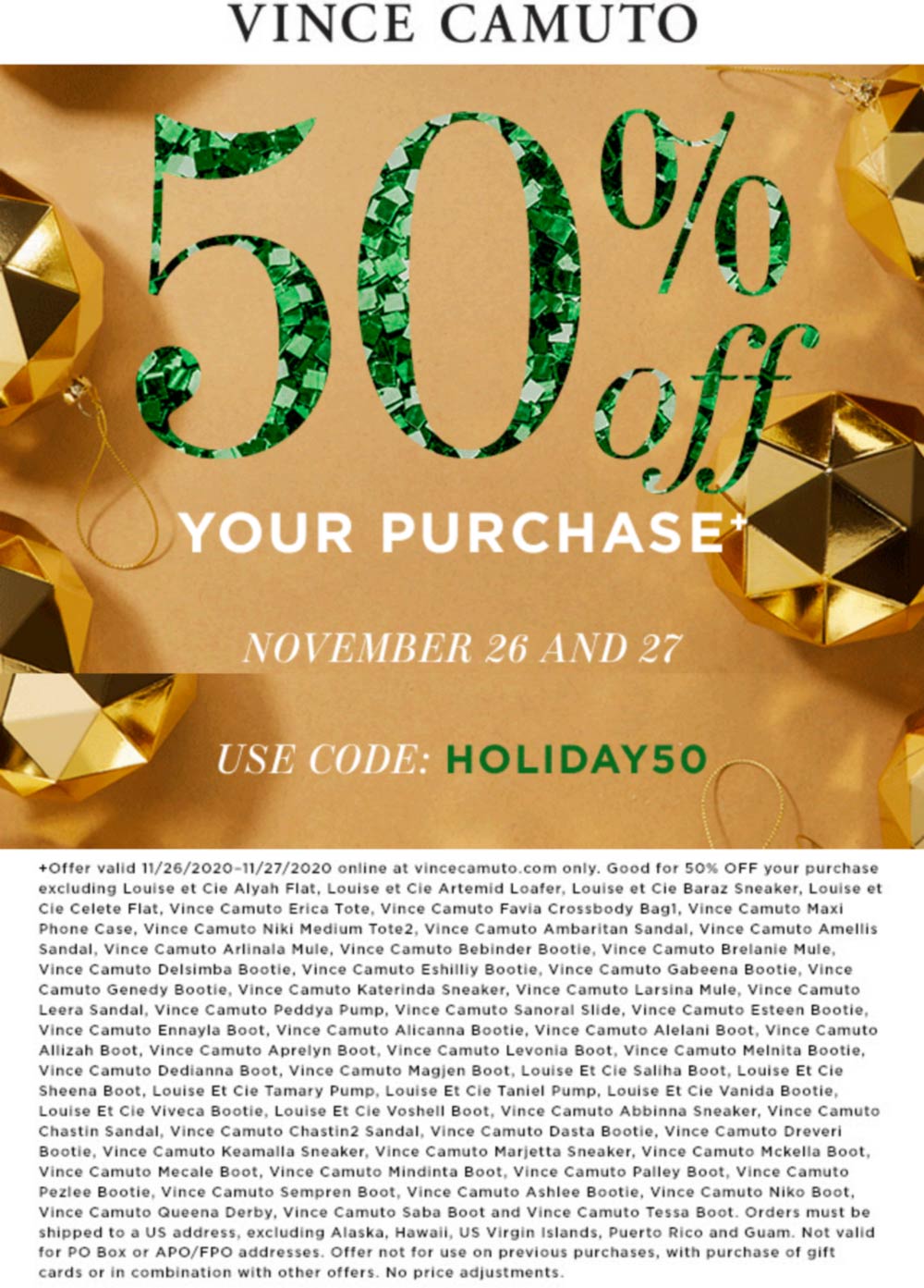 Vince Camuto stores Coupon  50% off at Vince Camuto via promo code HOLIDAY50 #vincecamuto 