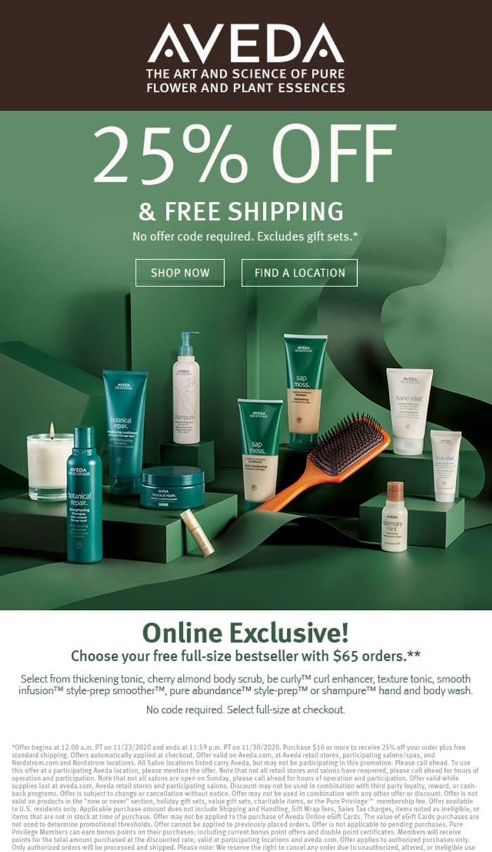 AVEDA stores Coupon  25% off + free full size on $65 at AVEDA cosmetics #aveda 