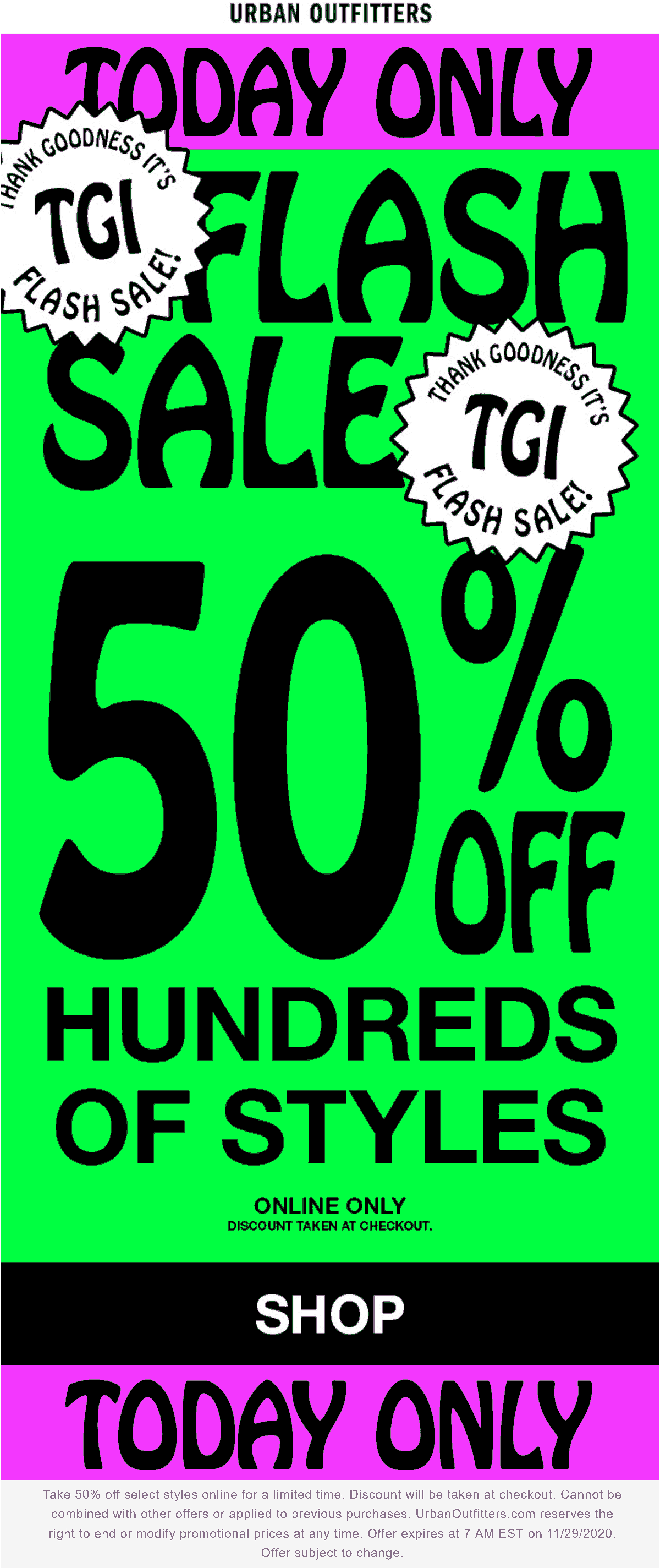 Urban Outfitters stores Coupon  50% off today at Urban Outfitters #urbanoutfitters 
