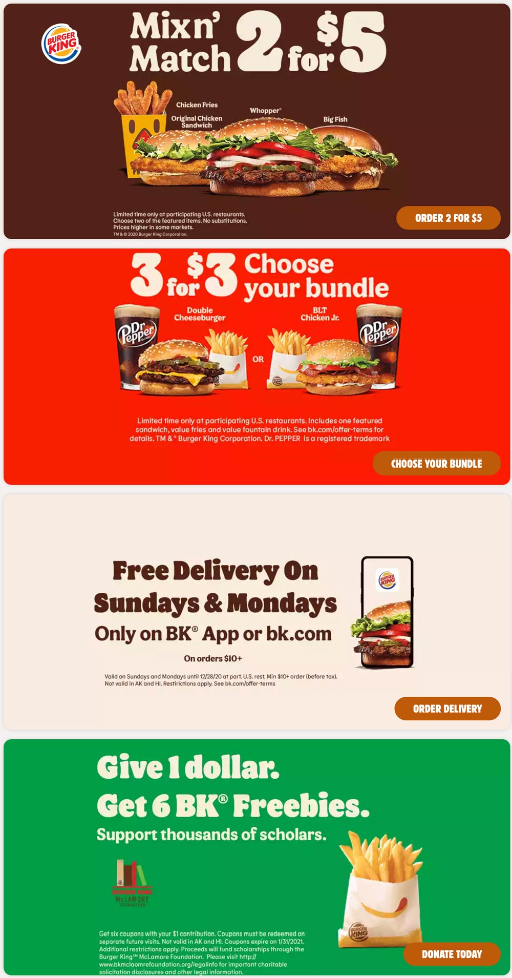 Burger King restaurants Coupon  6 freebies for $1 donation & more at Burger King restaurants #burgerking 