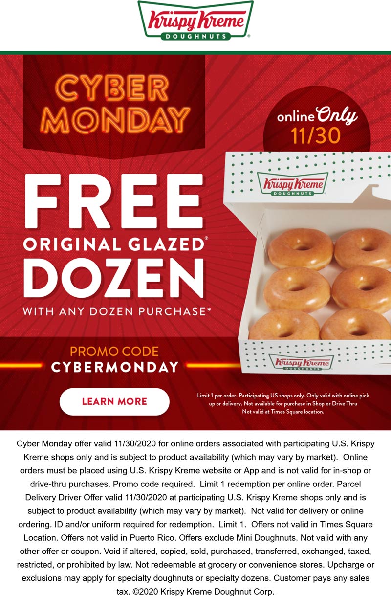 Second dozen doughnuts free Monday at Krispy Kreme via promo code