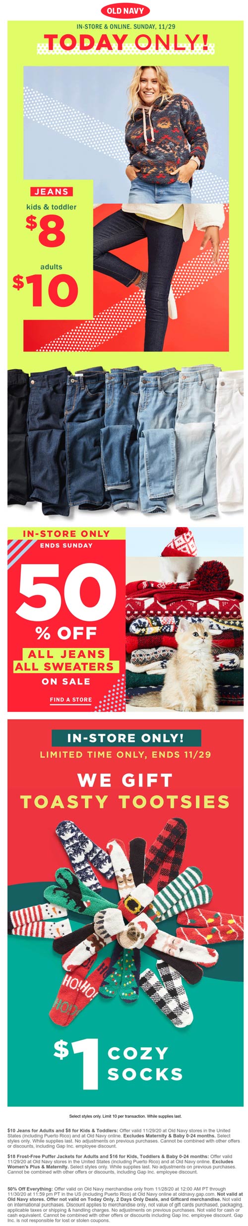 Old Navy stores Coupon  50% off everything online & more + $1 cozy socks & $10 jeans in-store at Old Navy #oldnavy 