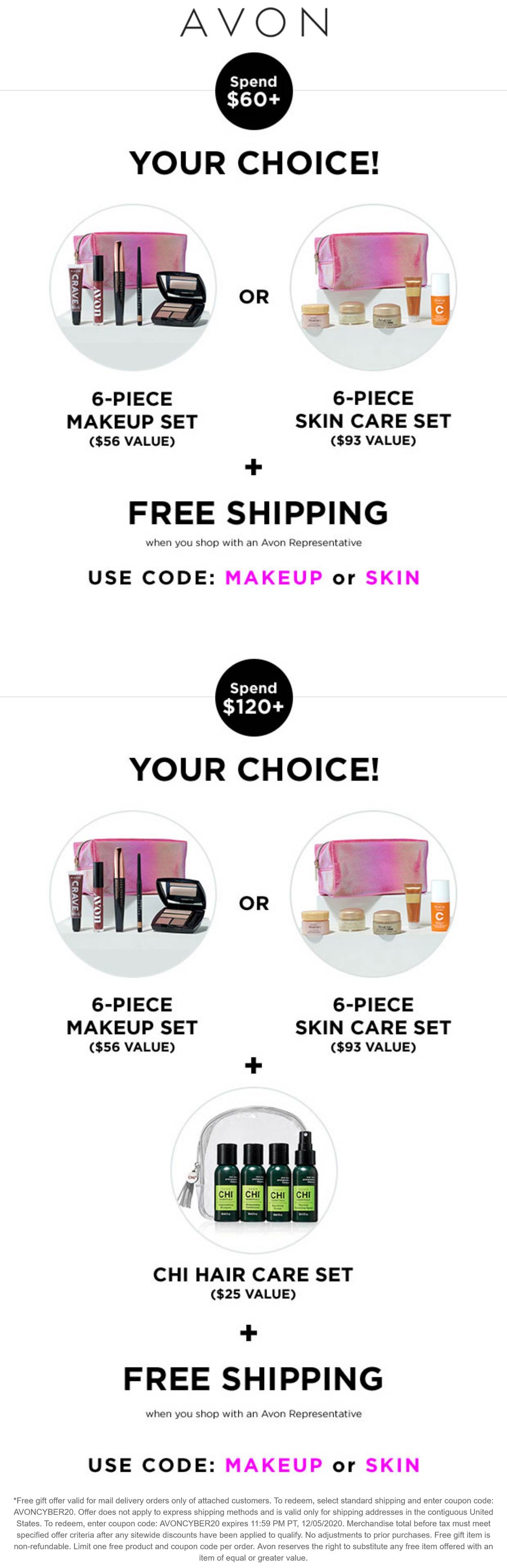 AVON stores Coupon  Free gift sets & shipping on $60+ spent at AVON cosmetics via promo code AVONCYBER20 #avon 