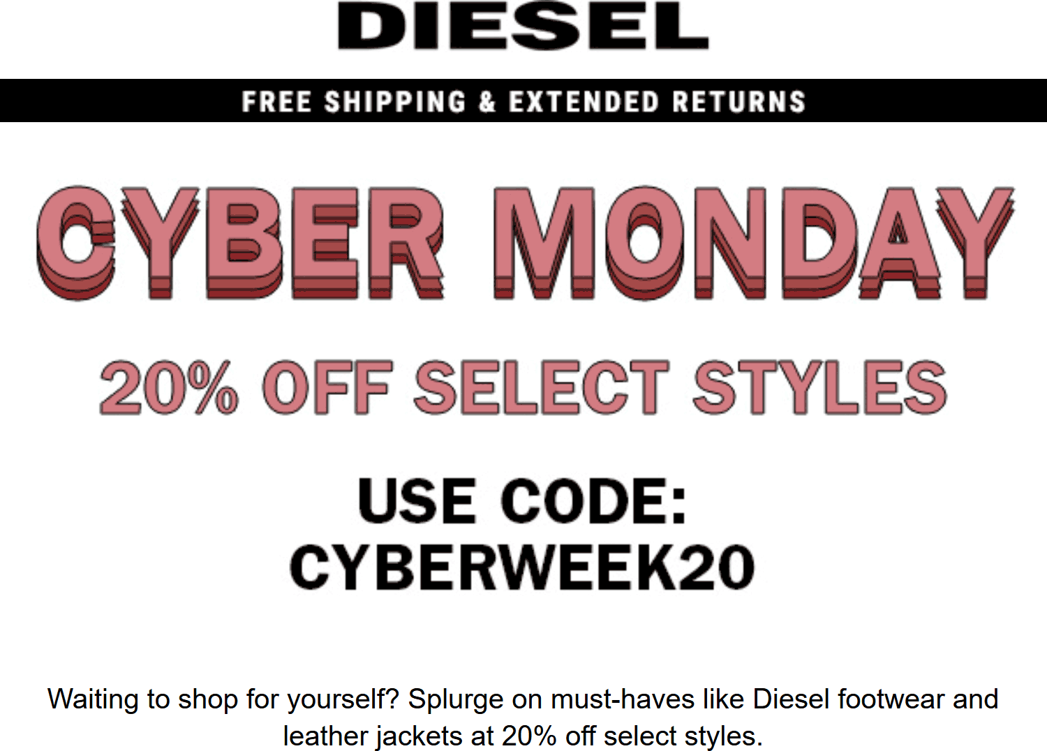Diesel stores Coupon  20% off today at Diesel via promo code CYBERWEEK20 #diesel 