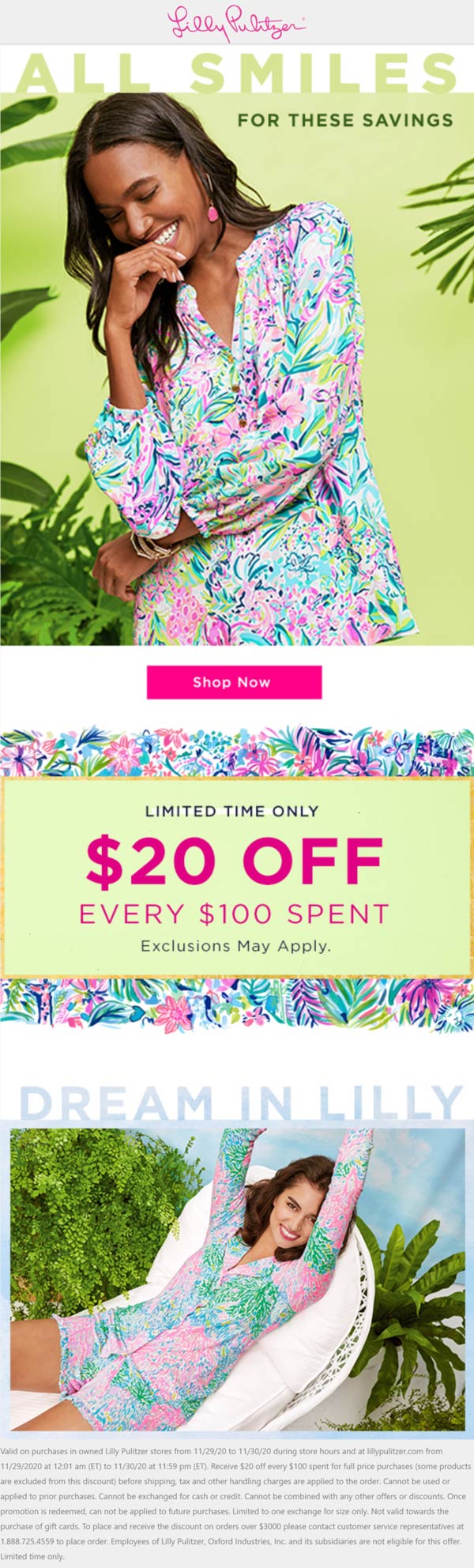 Lilly Pulitzer stores Coupon  $20 off every $100 today at Lilly Pulitzer #lillypulitzer 
