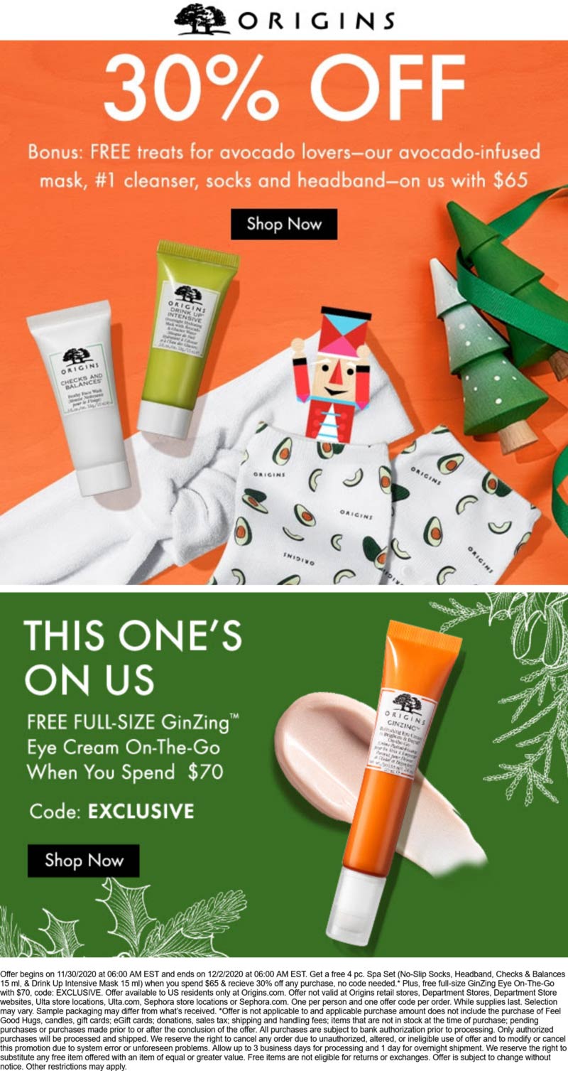 Origins stores Coupon  30% off + free full size and mask and cleanser and headband on $70 today at Origins via promo code EXCLUSIVE #origins 