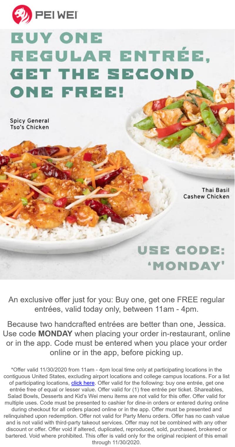 Second entree free til 4p today at Pei Wei via promo code MONDAY 