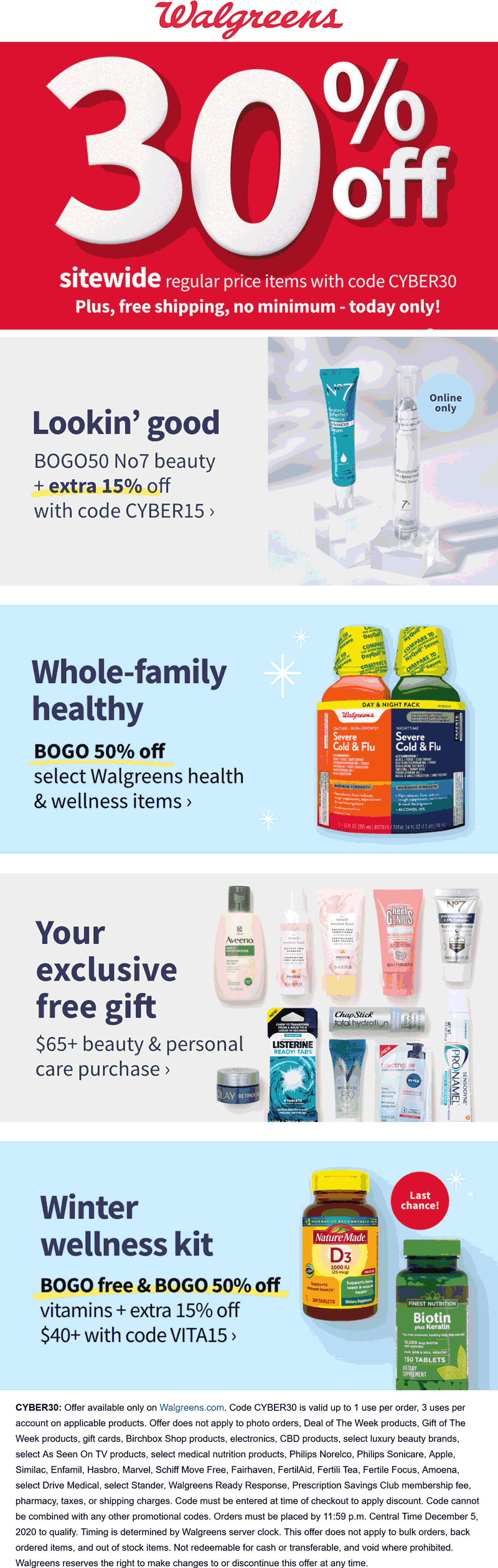Walgreens stores Coupon  30% off everything & more online today at Walgreens via promo code CYBER30 #walgreens 