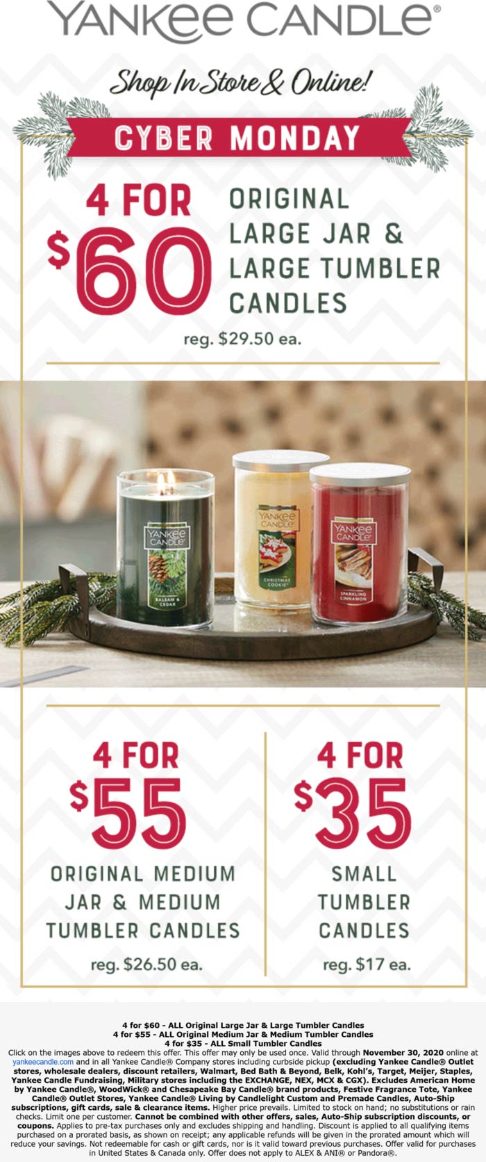 Yankee Candle stores Coupon  4 small jar = $35 & large = $60 today at Yankee Candle #yankeecandle 