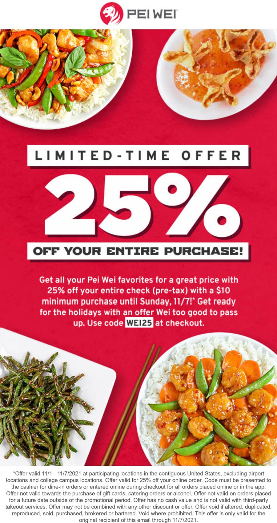 25 off your meal at Pei Wei via promo code WEI25 peiwei The Coupons